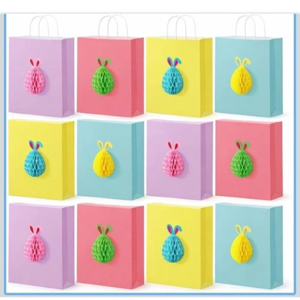 12 PCS Easter Bunny Gift Bags with Handles 3D Honeycombs Included To Attach